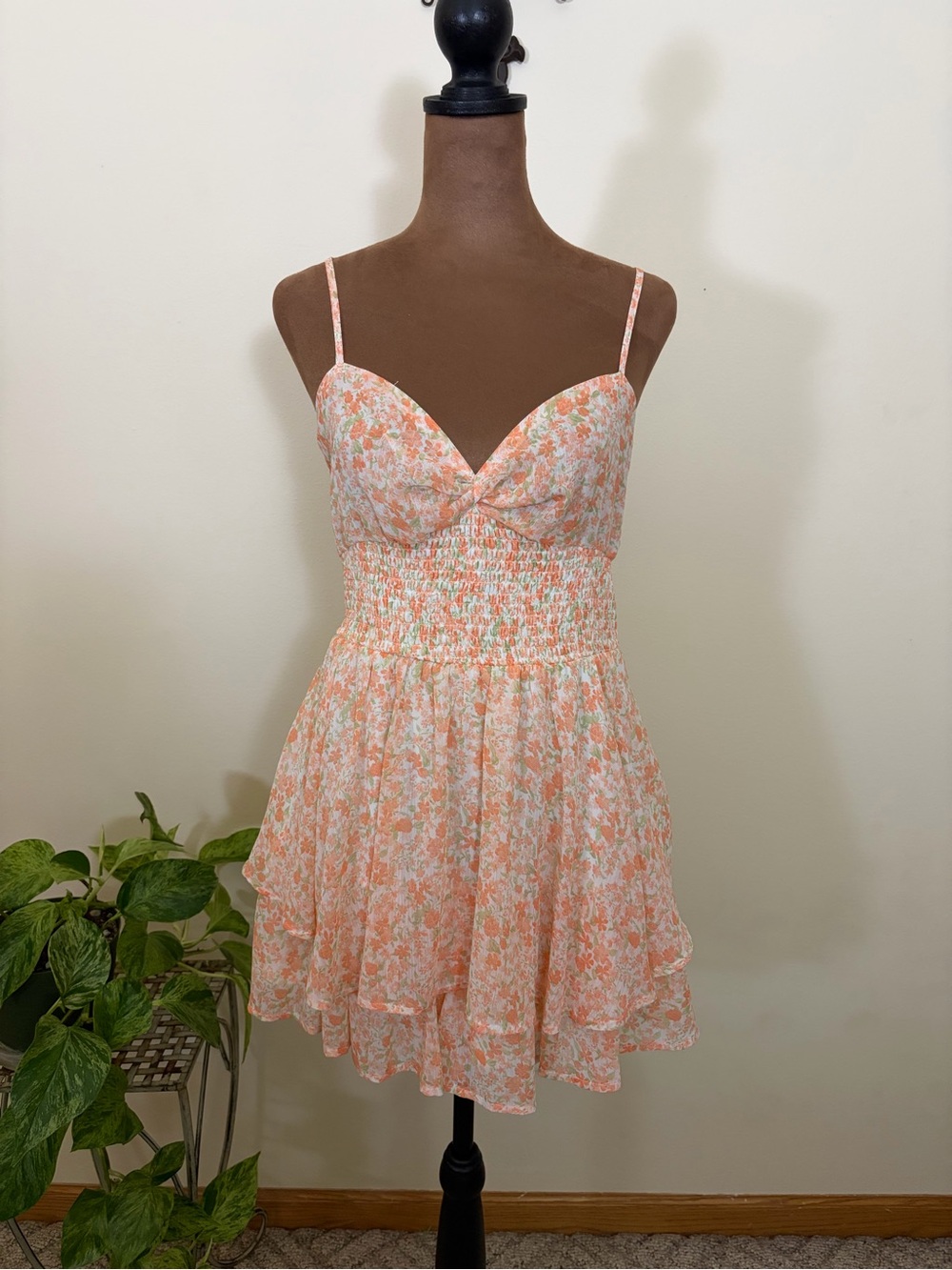 Alter’d State Floral Peach Smocked Sundress with Spaghetti Straps